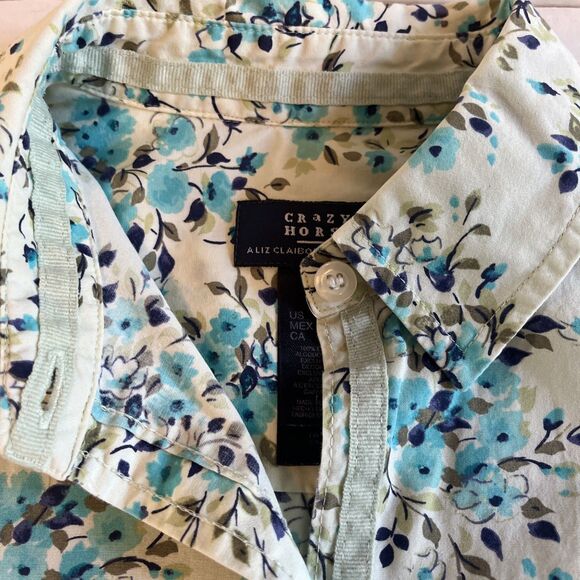 Crazy Horse Blouse Liz Claiborne Women’s S Blue Green Floral Button Up Top 3/4 - Picture 4 of 8